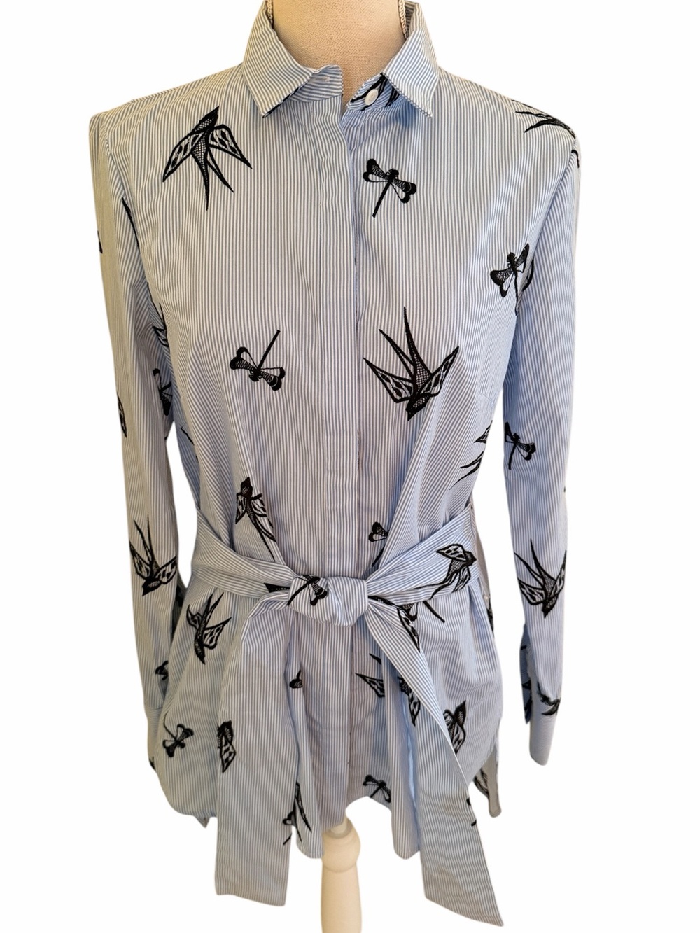 Lela Rose Pearl Blue/White Pinstripe Embroidered Bird/Dragonfly Tie-Waist Shirt